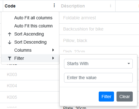 shows column sort and filter options